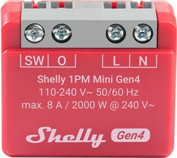 Smart switch Shelly 1PM Mini Gen4, Wi-Fi, Bluetooth, ZigBee, 8A, i kuq