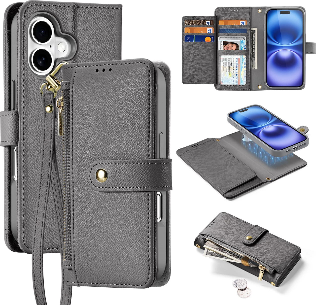 Mbështjellës Dux Ducis Lawa për iPhone 16, lëkurë, me portofol magnetik, Gri