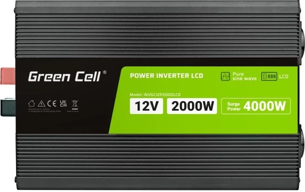 Inverter për makinë Green Cell PowerInverter LCD 12V në 230V 2000W/40000W me ekran LCD - valë të pastër