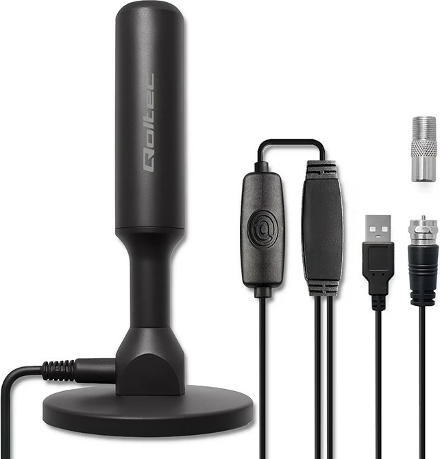 Antenë TV DVB-T2 e brendshme, Qoltec 57052, përforcues sinjali, fitim 28 dBi, VHF/UHF, 4K, kabllo 5 m, F-Male/USB, e zezë