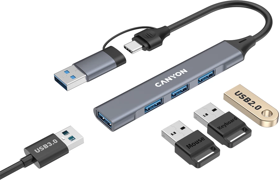Hub USB CANYON DS-02 4in1 USB-A/USB-C 4 porta, gri