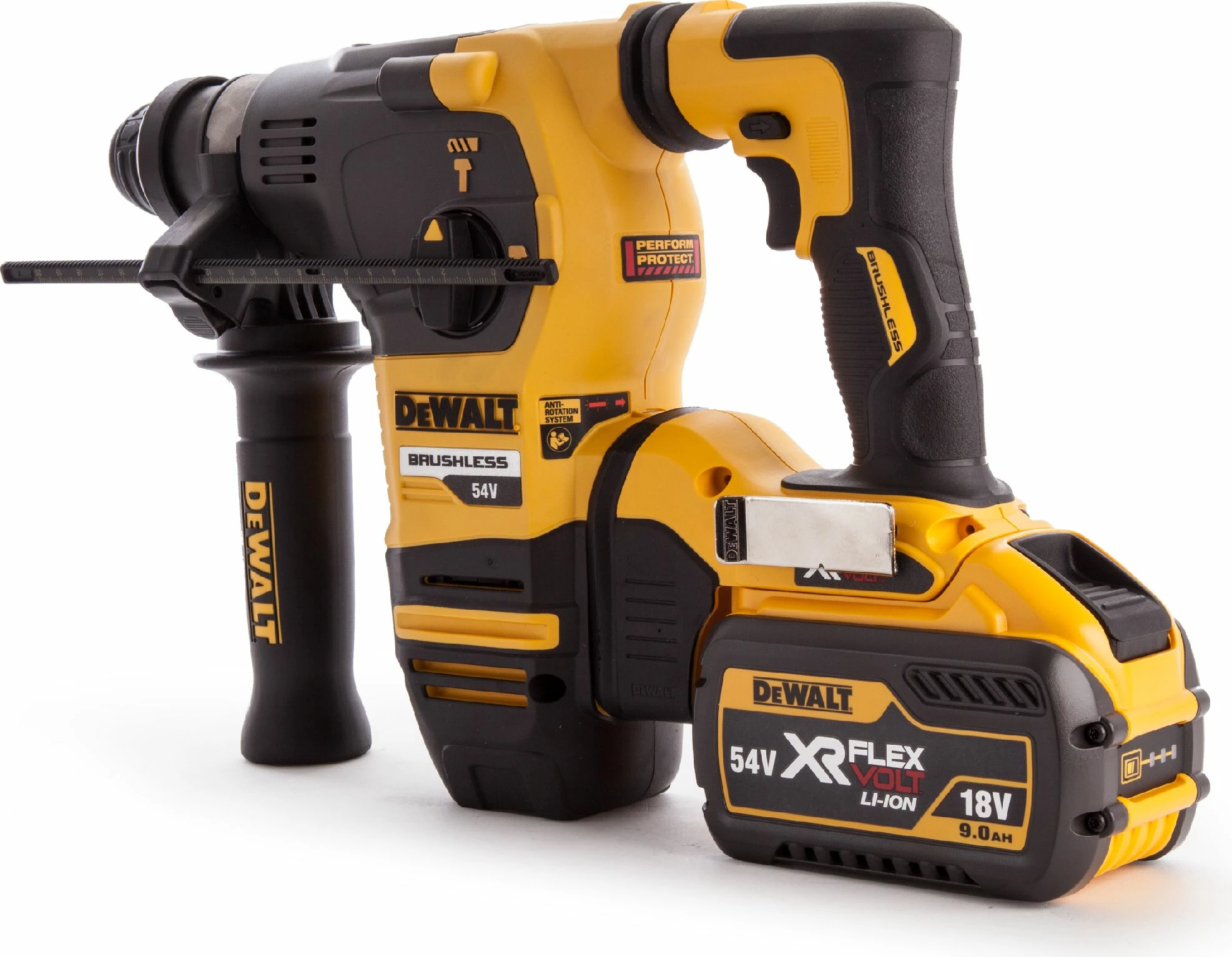 Trapan çekiç rrotullues Dewalt DCH333X2 54V 3.5J SDS-Plus, 2x 9Ah me karikues, në kuti, e verdhë/zezë