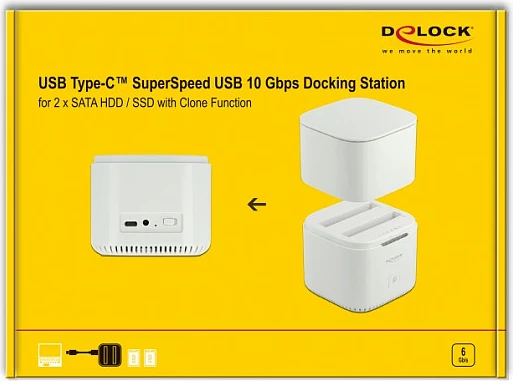Docking station DeLOCK USB-C 3.2 Gen 2, për 2x 2.5" SATA HDD/SSD, Clone, e bardhë