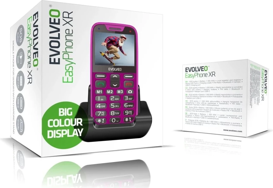 Telefon me butona Evolveo Easyphone XR MPN 23514, ekran me ngjyra, butona të mëdhenj, SOS, USB-C, bazë karikimi, rozë