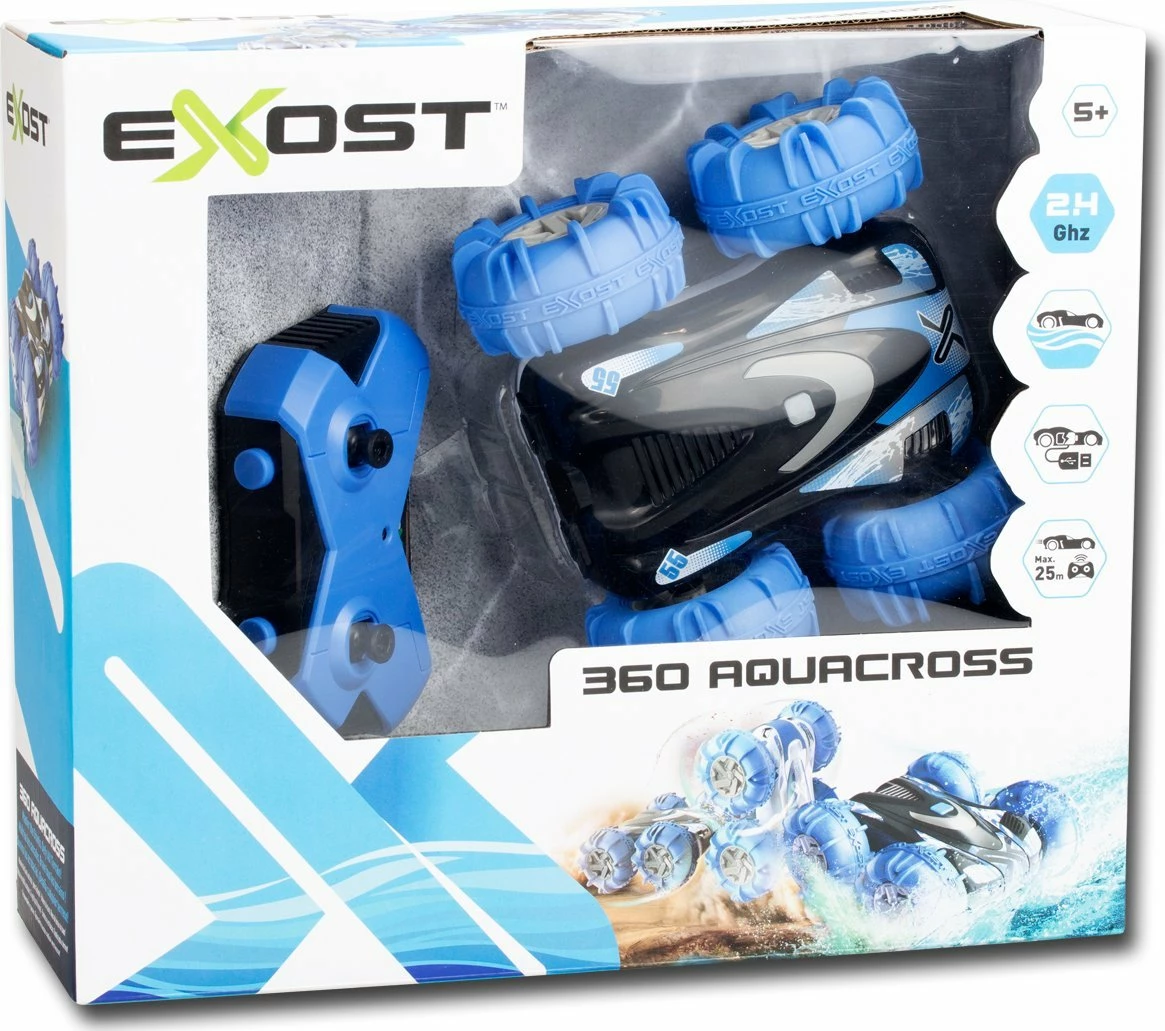 Automjet me telekomandë Exost 360 Aquacross 1:18, amfib (tokë/ujë), 2.4 GHz, bateri e rikarikueshme USB, shumengjyrësh