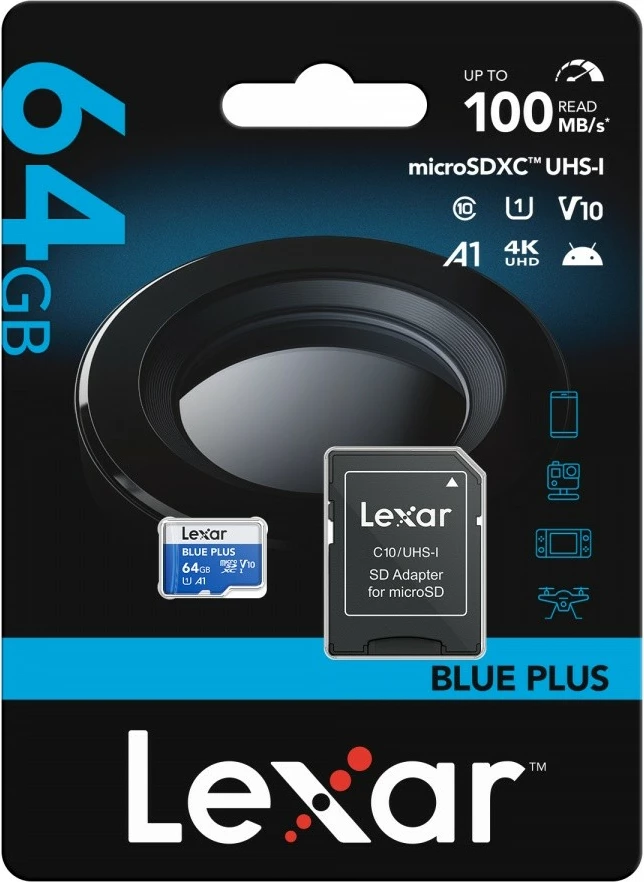 Kartë memorie microSD Lexar LMSBLPL064G-BNANG 64GB SDXC UHS-I C10 A1 U1 V10 100MB/s me adapter SD blu