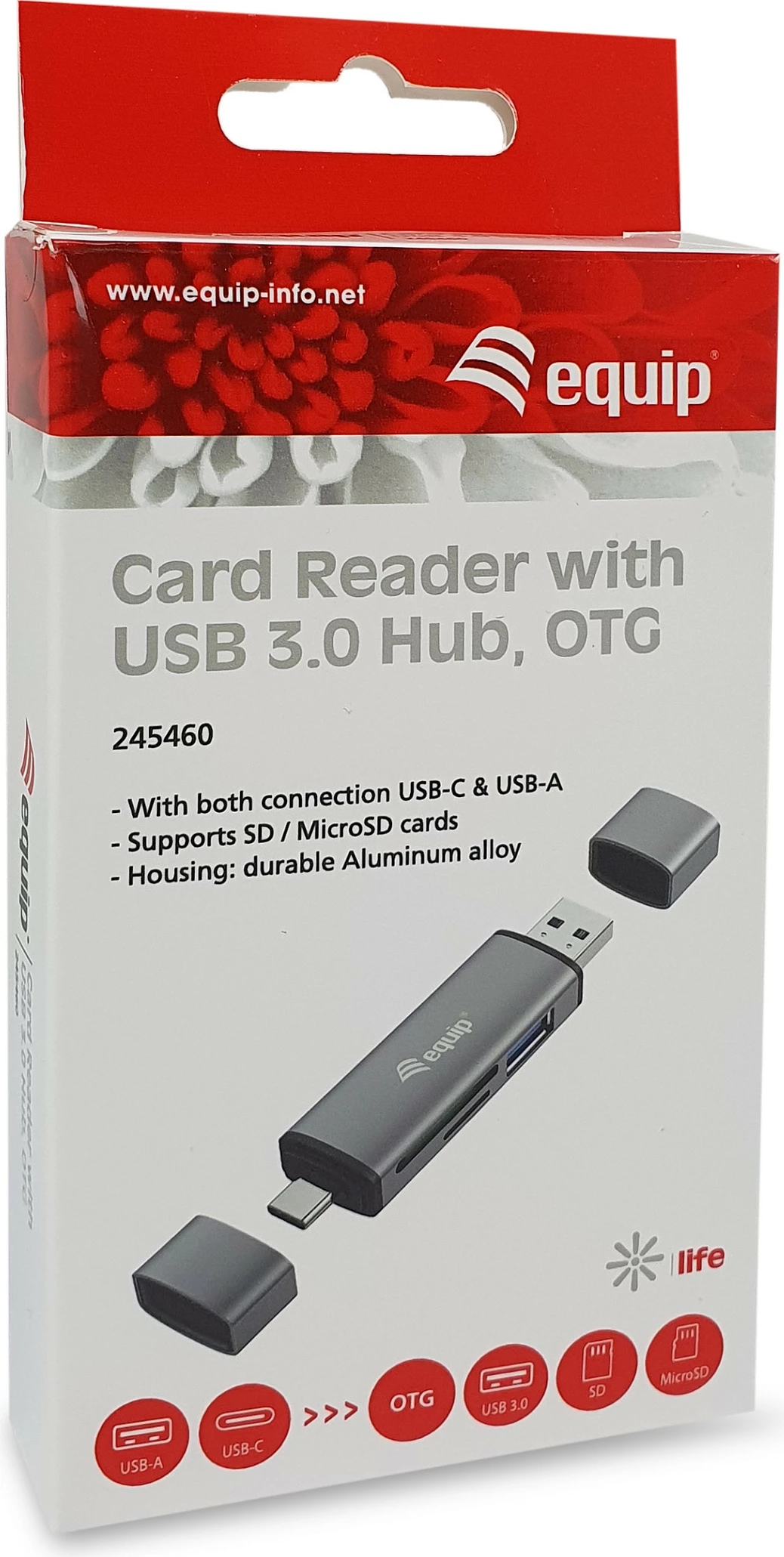 Lexues kartelash EQUIP 245460 me USB Hub, OTG, USB 3.2 Gen 1 USB-A/USB-C, SD/MicroSD, Gri