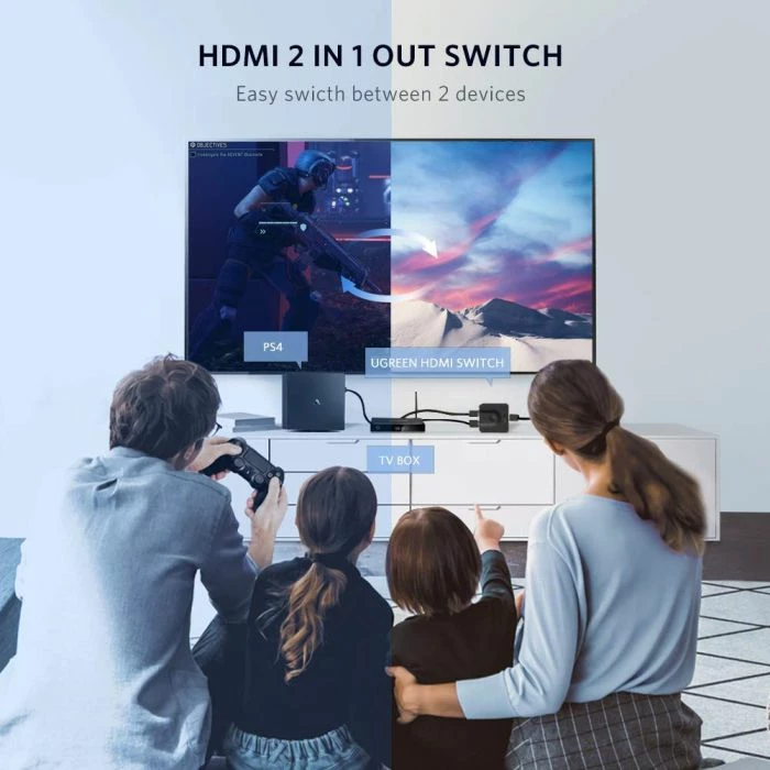 Switch HDMI UGREEN 50966 2x1 HDMI 2.0 bi-directional 4K@60Hz me telekomandë, zi, 1 copë