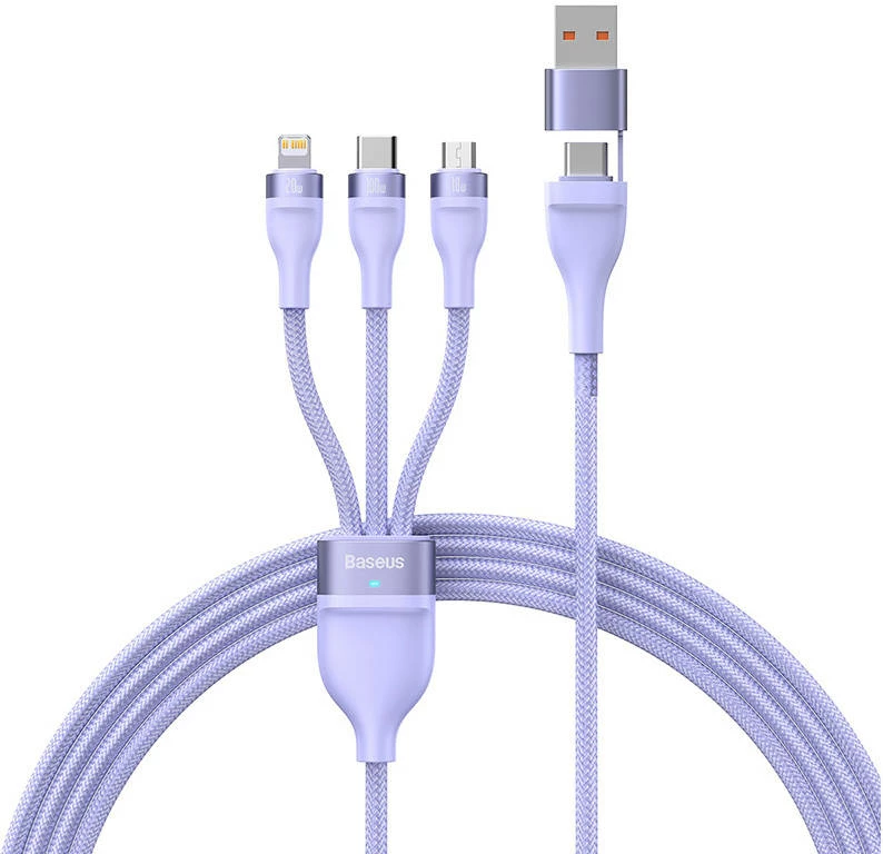 Kabllo 3-në-1 Baseus Flash Series 2, 1.2m, USB-C + micro USB + Lightning, 100W, vjollcë