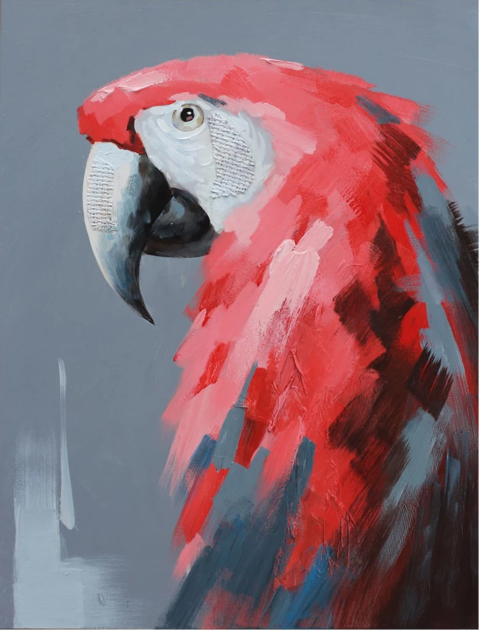 Pikturë dekorative me papagall të kuq, kanavacë dhe dru, 76x100x4 cm