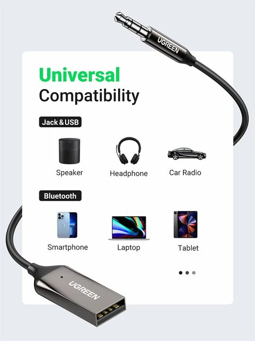 Adapter Bluetooth AUX/USB UGREEN 70601, Bluetooth 5.0, 3.5mm, me mikrofon, lidhje dy pajisje, i zi