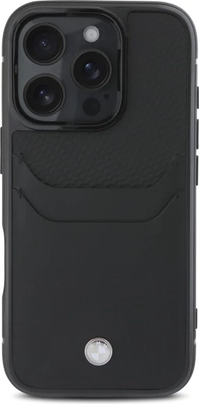 Mbështjellës BMW Sign prej lëkure për iPhone 16 Pro Max, i zi