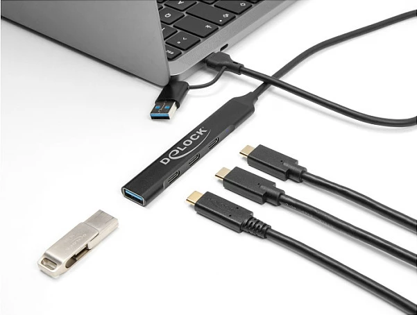 Hub USB DeLOCK Slim 4-Port, 3x USB-C + 1x USB-A, 5 Gbps, 0.5 m, metal, zi