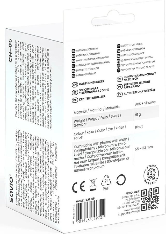 Mbajtës telefoni për veturë Savio CH-05, i zi