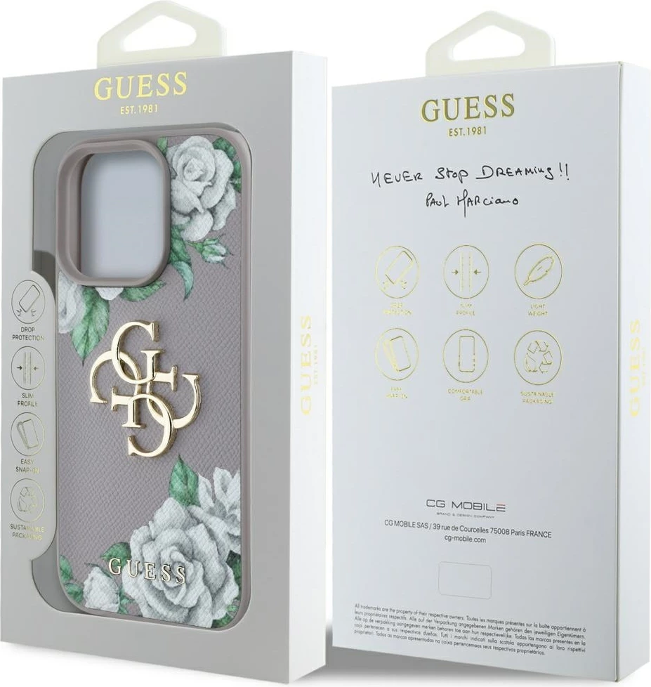 Mbështjellës Guess Grained Roses Big 4G logo për iPhone 16 Pro Max, Vjollcë