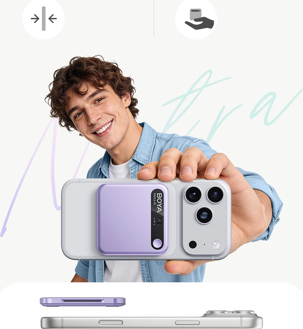 Regjistrues zëri BOYA Notra AI 64GB, transkriptim AI, Bluetooth/USB-C/Wi‑Fi, 24h, kompatibil me MagSafe, vjollcë, set me kabllo USB-C, adapter USB-A dhe unazë magnetike