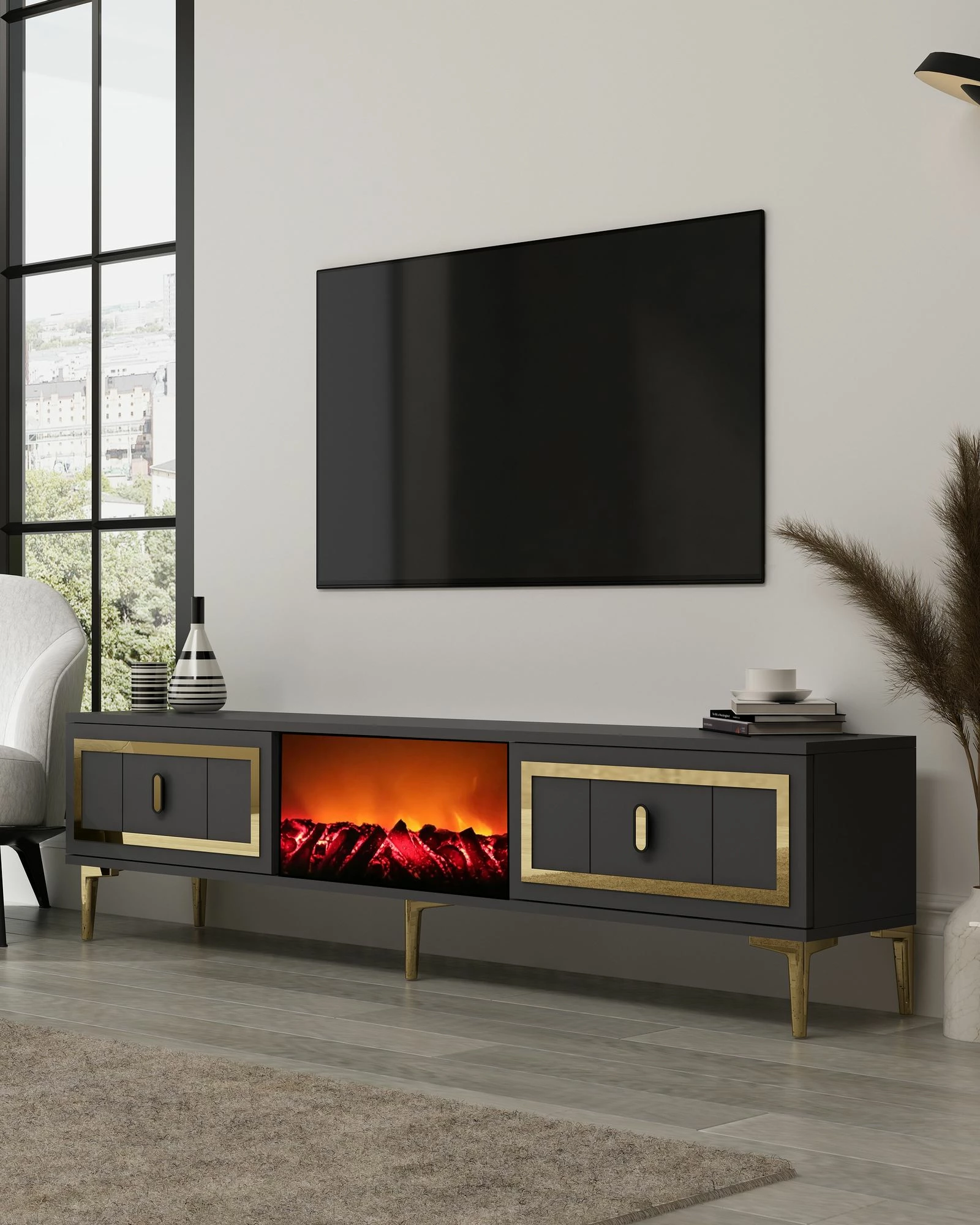 Komodë TV Skye Decor, me oxhak Orion, anthracite, ar