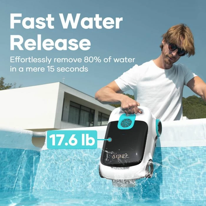 robot pastrues pishine AIPER Scuba L1, me bateri 7800mAh, 250 LPM, deri 100m², 100 min, bardh/zi me detaje turkeze