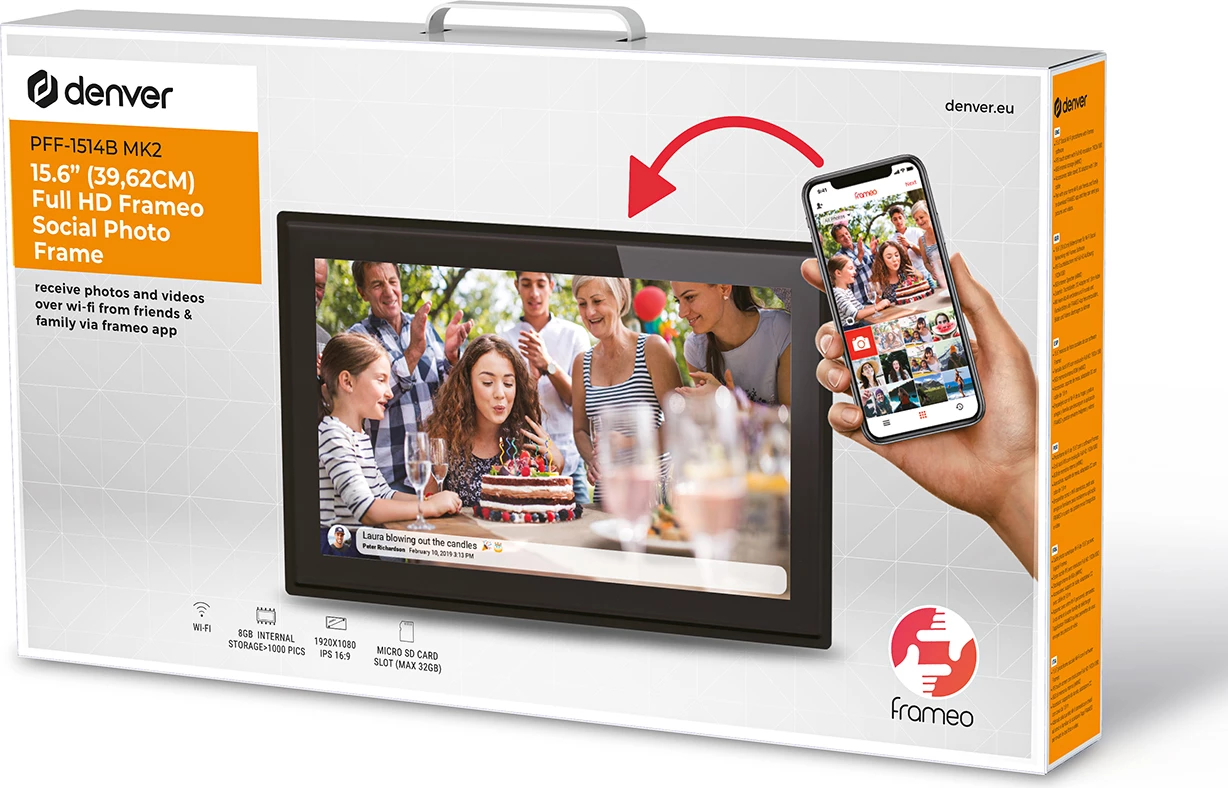Kornizë digjitale Denver Frameo PFF-1514B, 15.6", 8 GB, Full HD, e zezë