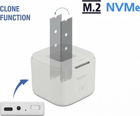 Docking station DeLOCK M.2 NVMe, 2 slote, klonim, USB-C 10 Gbit/s, e bardhë