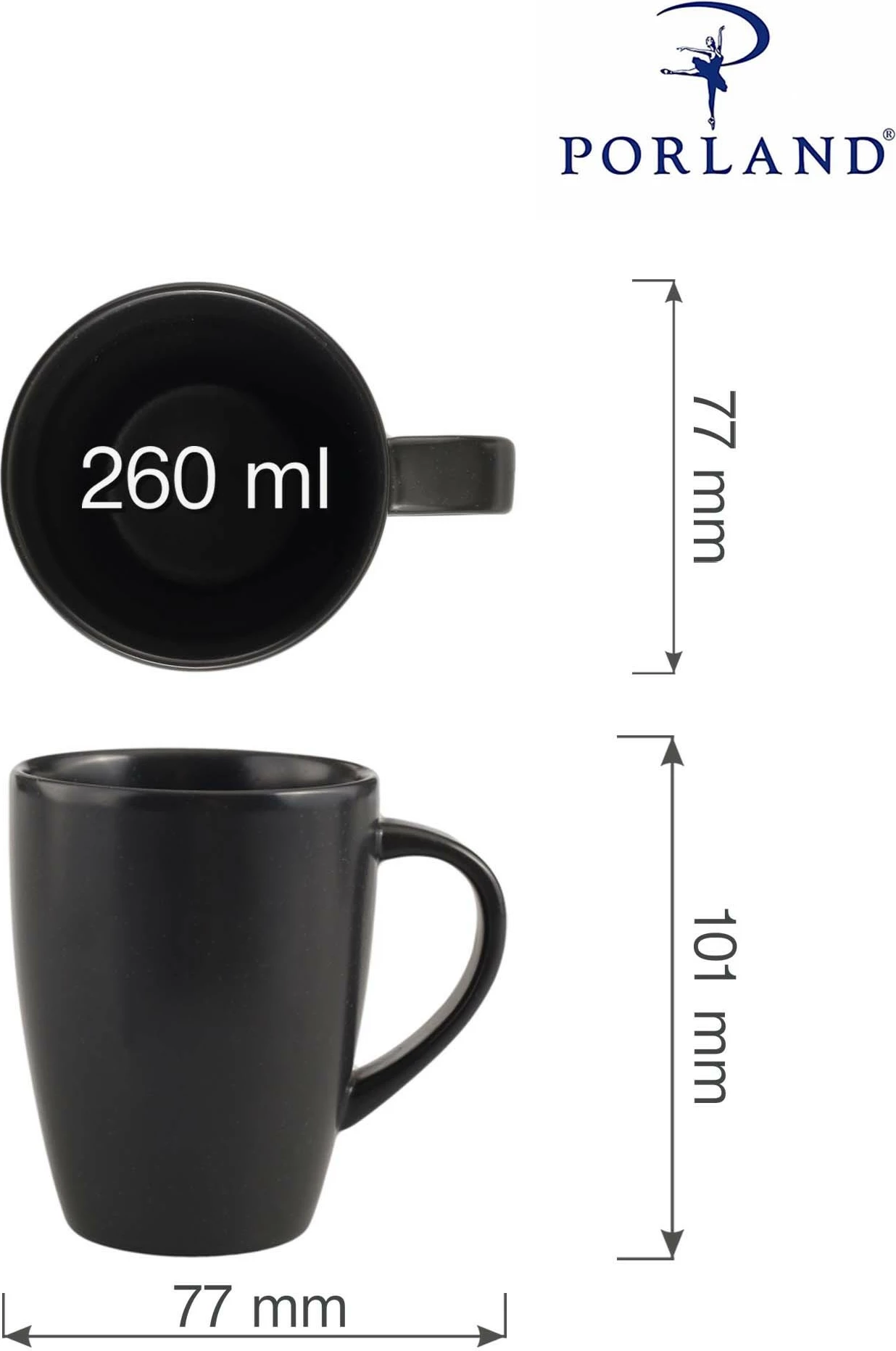 Kupa porcelani Porland Seasons Coal 260ml, e zezë, set 6 copë