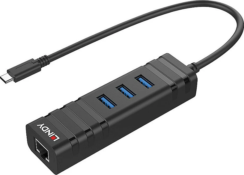 Hub USB-C LINDY USB 3.2 Gen 1 me Gigabit Ethernet, 3x USB-A, 4 porta, 0.26 m, i zi