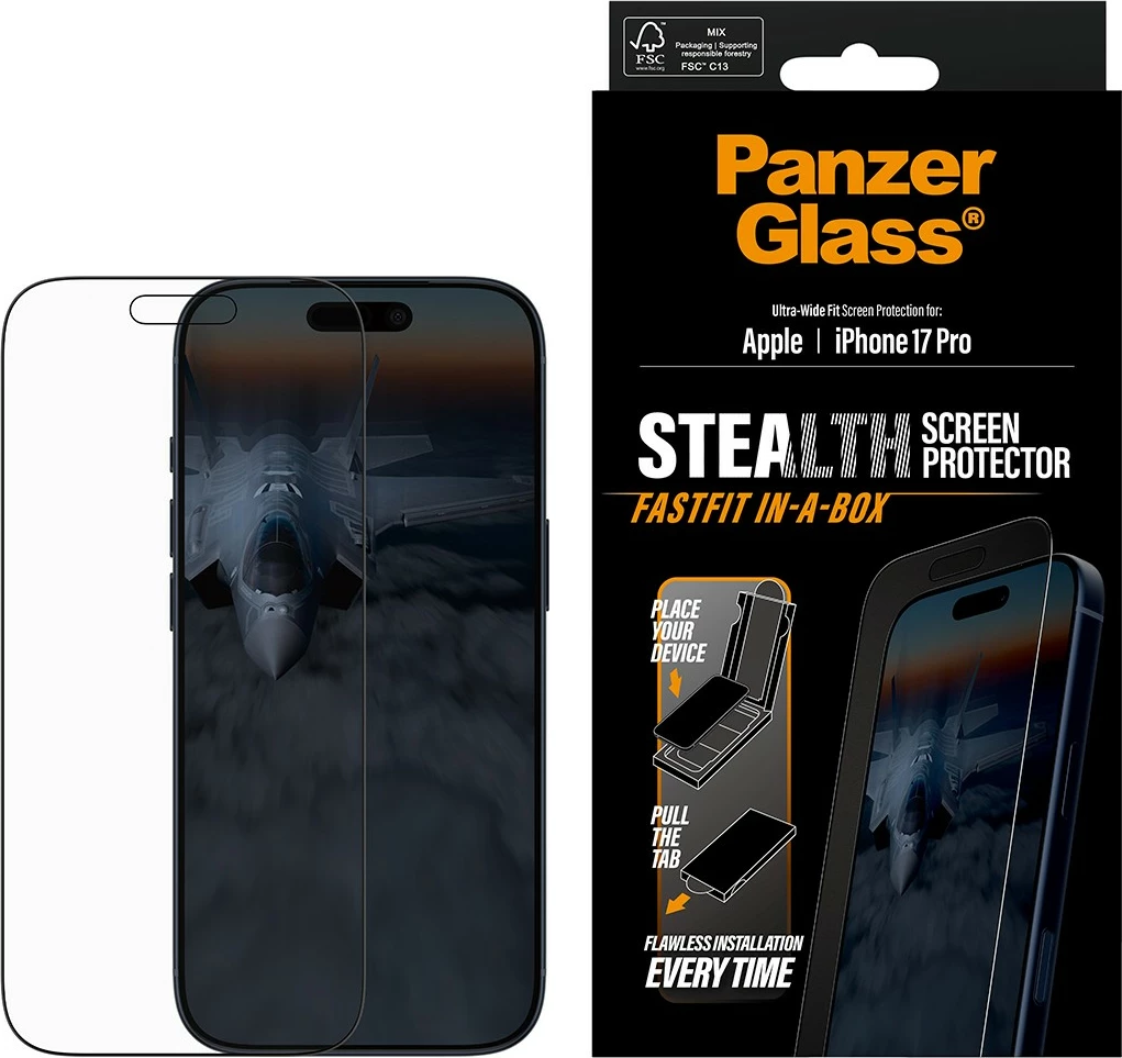 Mbrojtës ekrani PanzerGlass Stealth për iPhone 17 Pro, ultra-wide fit, kornizë e zezë
