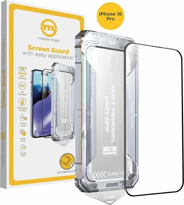 Xham mbrojtës Mobile Origin për iPhone 16 Pro, me aplikator, 9H, 0.33 mm, full cover, i verdhë