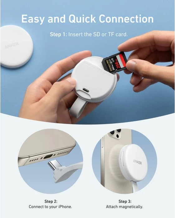 Adapter USB-C ANKER MagGo A83D1G21 3-në-1 10Gbps, SD/TF 4.0, karikim deri 42.5W, për iPhone USB-C, i bardhë, 1 copë