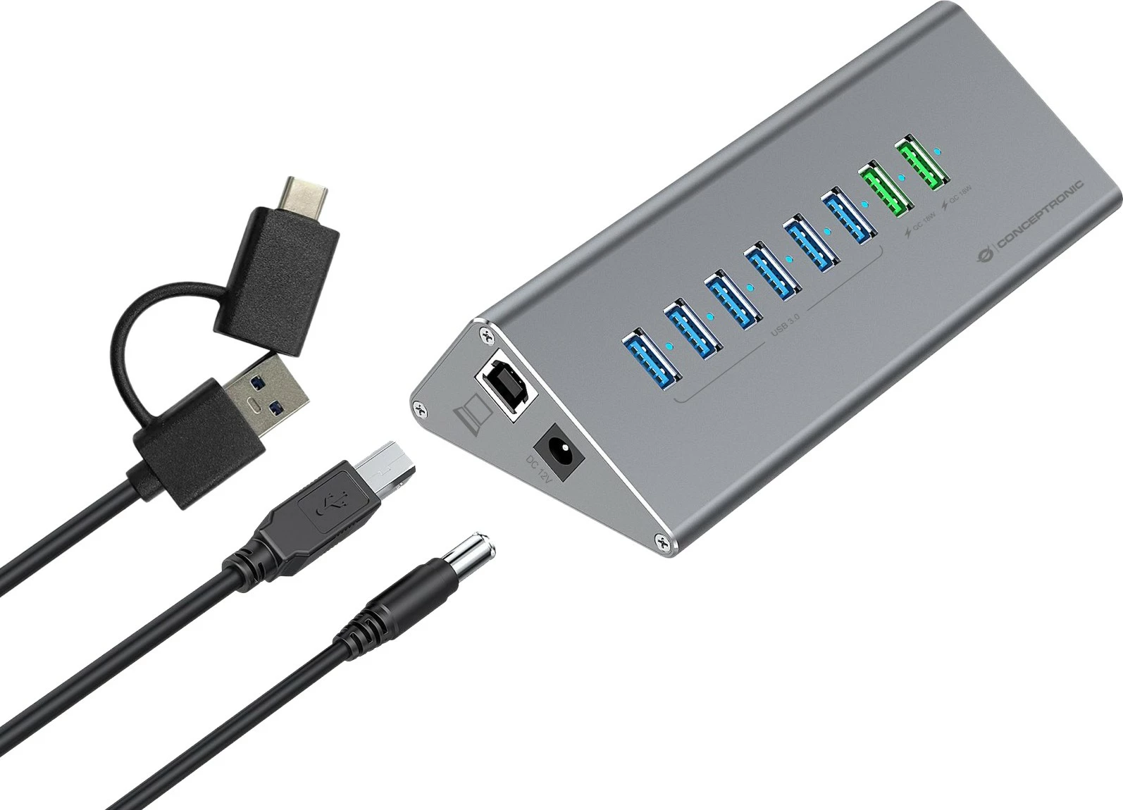 USB hub Conceptronic 10-porta, USB-A 3.0/USB-C, me furnizim energjie, gri