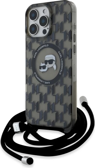 Mbështjellës Karl Lagerfeld IML Crossbody Monogram Karl & Choupette Head MagSafe për iPhone 16 Pro, Zi