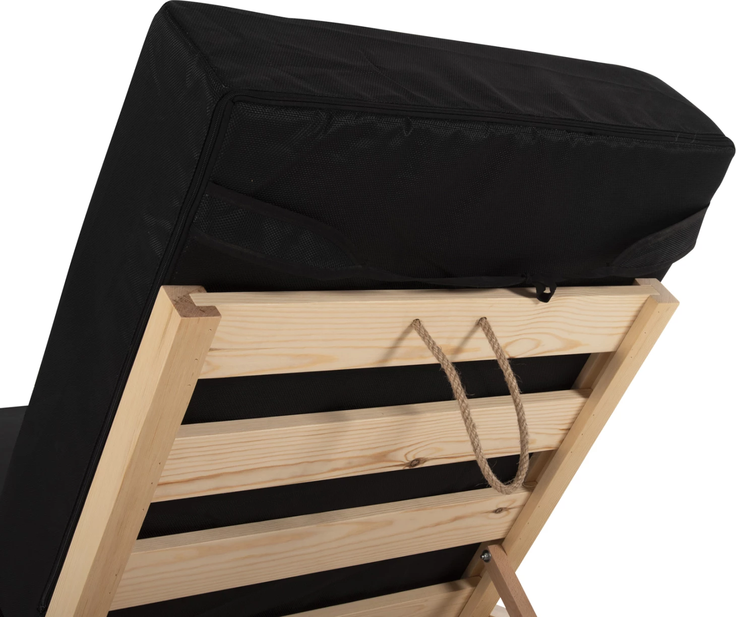 Shezlong plazhi i ulët IKARIA, dru pishe, ngjyrë natyrale, tekstilene e zezë, jastëk 20 cm i trashë