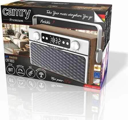 Radio portativ CAMRY CR1183 Bluetooth 5.0 FM USB AUX microSD me bateri 2600mAh, ngjyrë dru/kafe