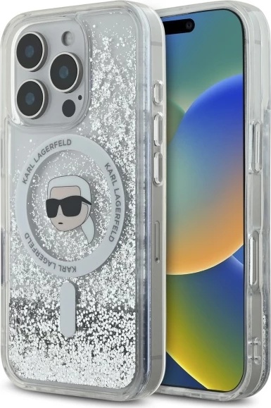 Mbështjellës Karl Lagerfeld Liquid Glitter Karl Head MagSafe për iPhone 16 Pro, Transparent