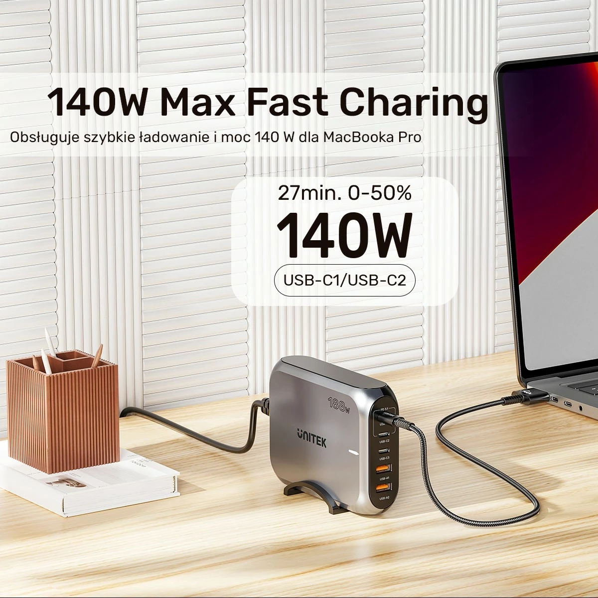 Karikues rrjeti Unitek GAN 188W, 2xUSB-A, 3xUSB-C, gri