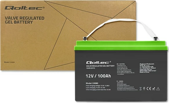 Bateri xhel Qoltec 100Ah 12V, Model 53080, e zezë me të gjelbër
