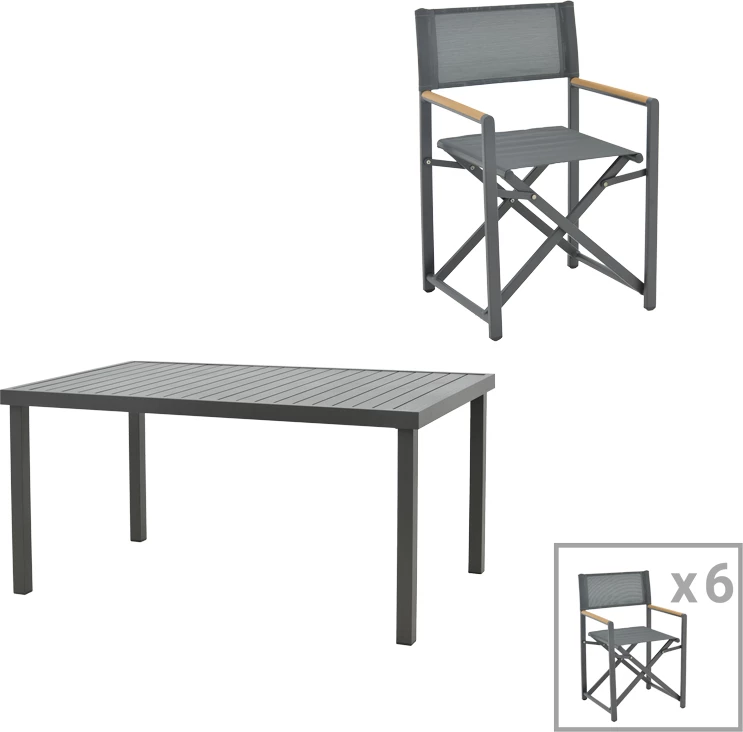 Tavolinë me karrige Naoki-Kliton B, set prej 7 pjesësh, alumin anthracite dhe pe rattan, ngjyrë natyrale, 150x80x74cm