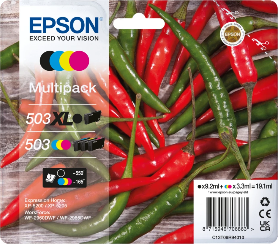 Kartush boje multipack, Epson, 503XL C13T09R94010, kapacitet XL, 4 copë, e zezë cian magenta e verdhë