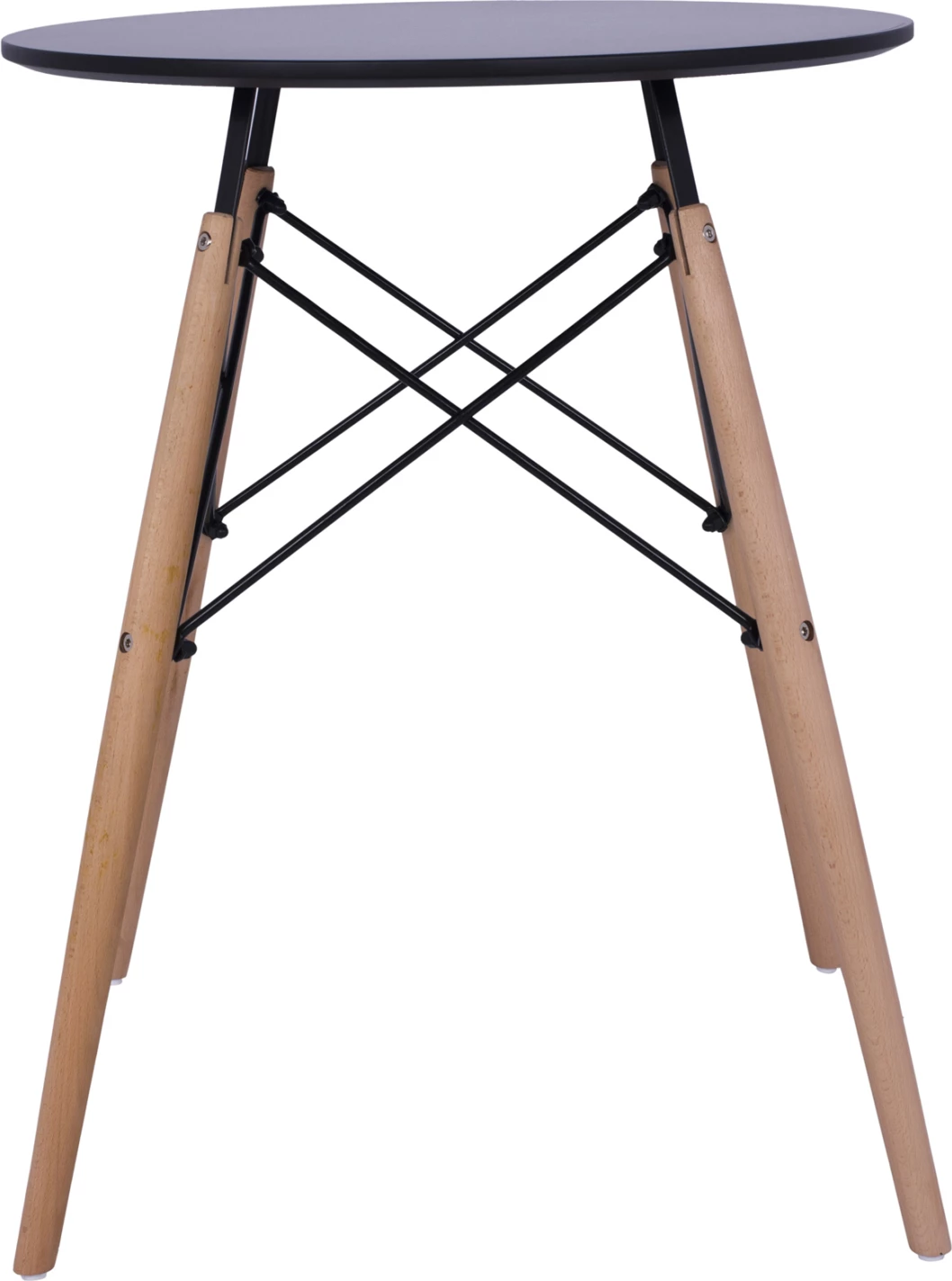 Tavolinë ngrënieje rrethore minimaliste, FH0060.02, sipërfaqe MDF, ngjyrë e zezë, këmbë druri ahu, Φ60x72H cm