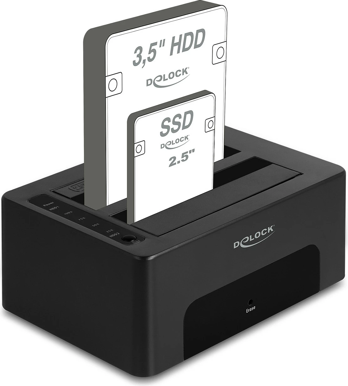 Stacion dokimi USB DeLOCK për 2x SATA HDD/SSD 2.5"/3.5", Clone/Erase, 5 Gbit/s, i zi