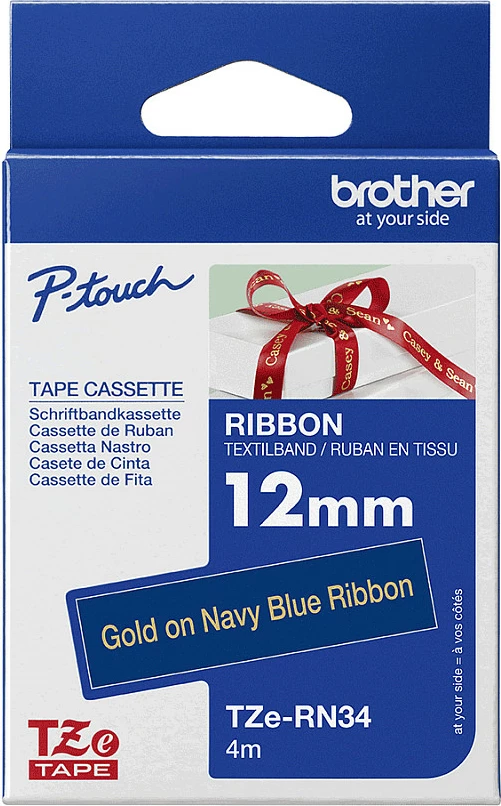 Shirit etiketash Brother TZE-RN34, TZe 12mm x 4m, gold on navy