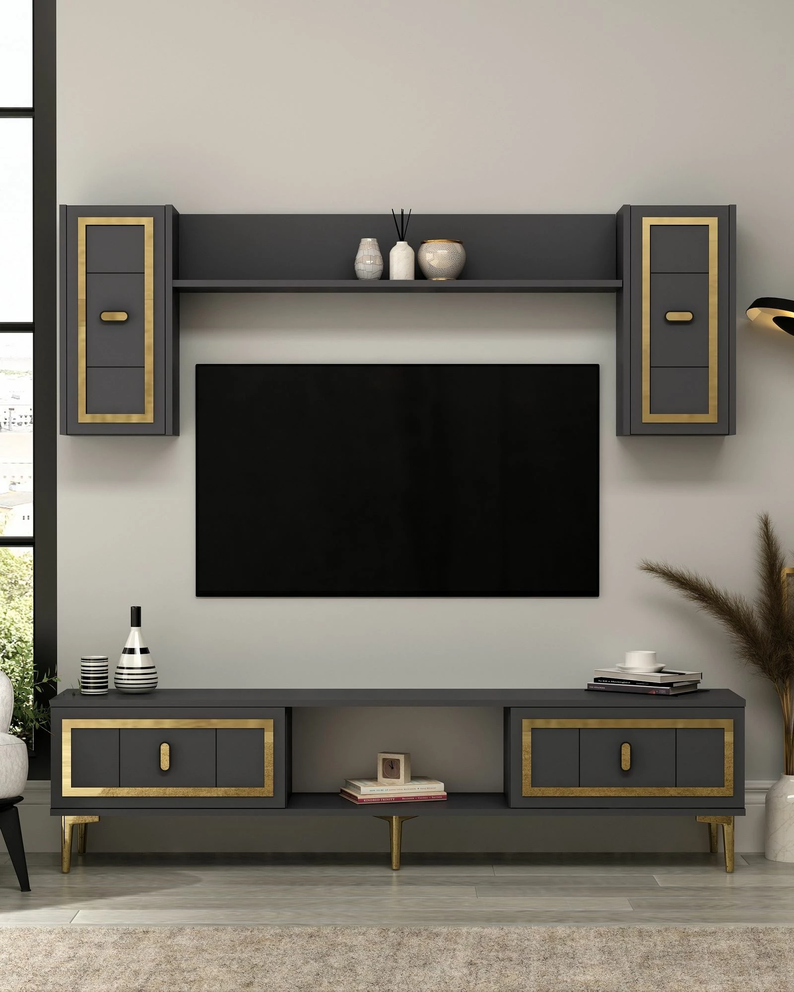 Komodë TV Skye Decor, ngjyrë antracit, ar