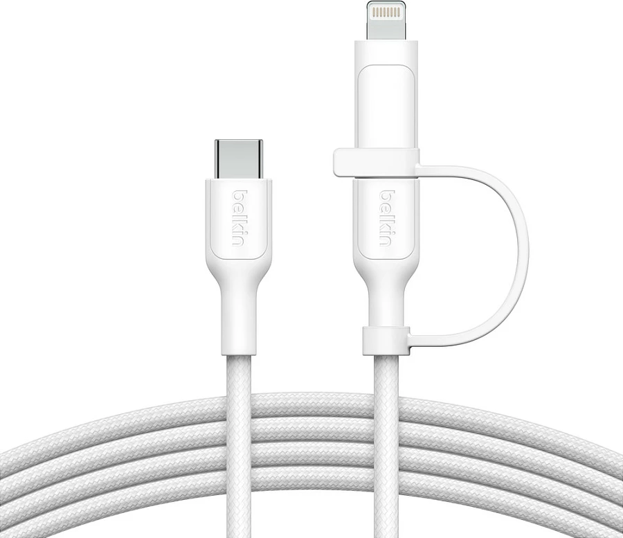 Kabllo karikimi Belkin BoostCharge Pro 2-në-1 USB-C në USB-C/Lightning, 1.5 m, USB PD 60 W, e bardhë