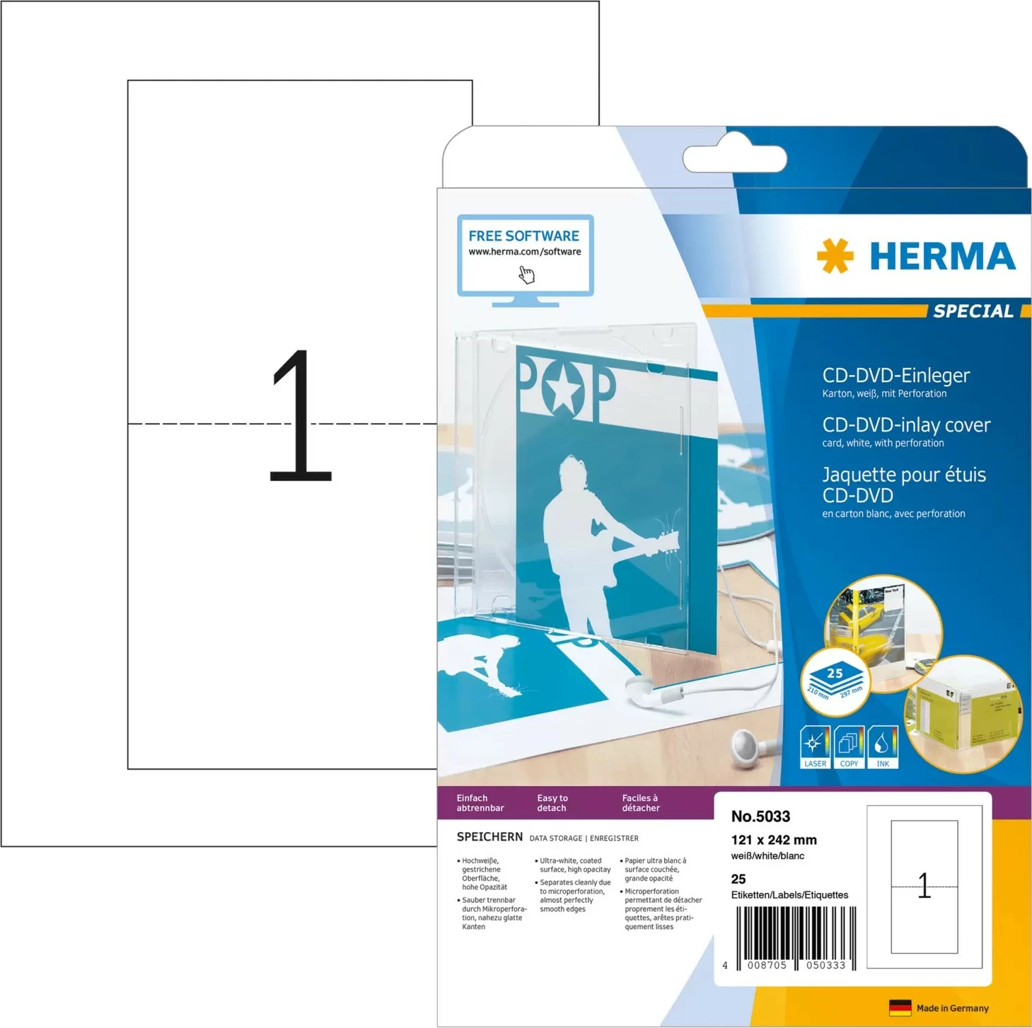 Letra inlay për CD slim HERMA, A4, karton i bardhë, 25 copë