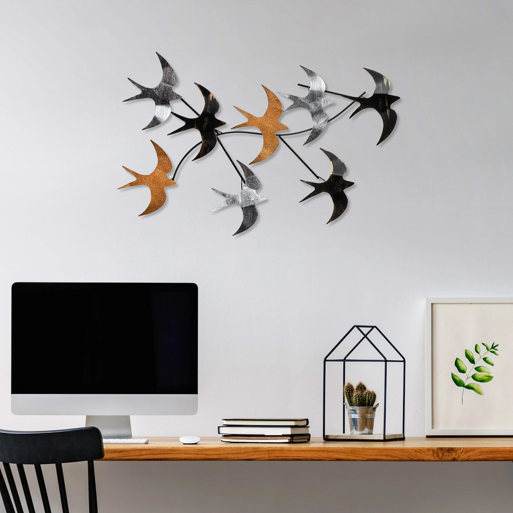Aksesor dekorativ metalik për mur, Flying Birds 2, shumëngjyrësh, 69x41x7cm