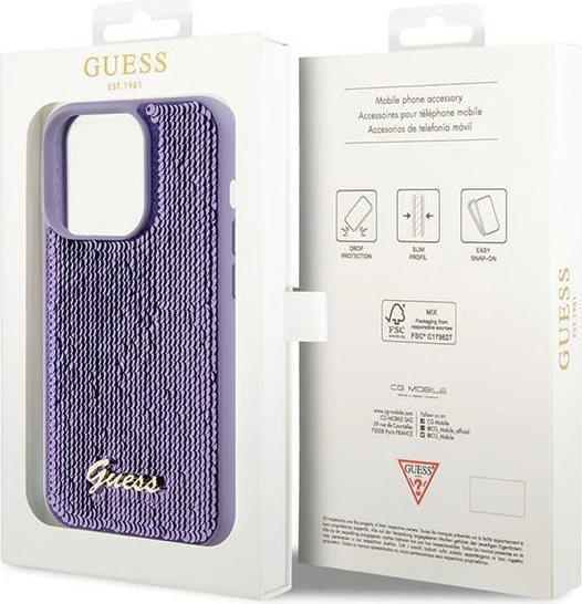 Mbështjellës Guess Sequin Script Metal për iPhone 15 Pro, vjollcë