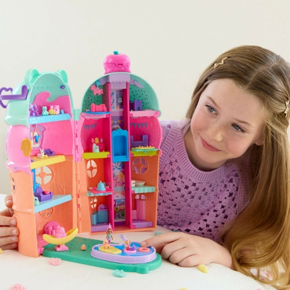 Shtëpizë kukullash Mattel Polly Pocket Ice Cream Cone House JFT91, 4 kate, me pishinë dhe ashensor, shumëngjyrëshe, set me 2 mikro kukulla + 25+ aksesorë