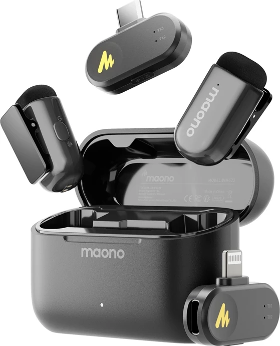mikrofon wireless Maono WM622 PBC2 me 2 transmetues, marrës Lightning & USB-C, 48kHz/16-bit, reduktim zhurme me AI, deri 100 m, kuti karikimi, e zezë