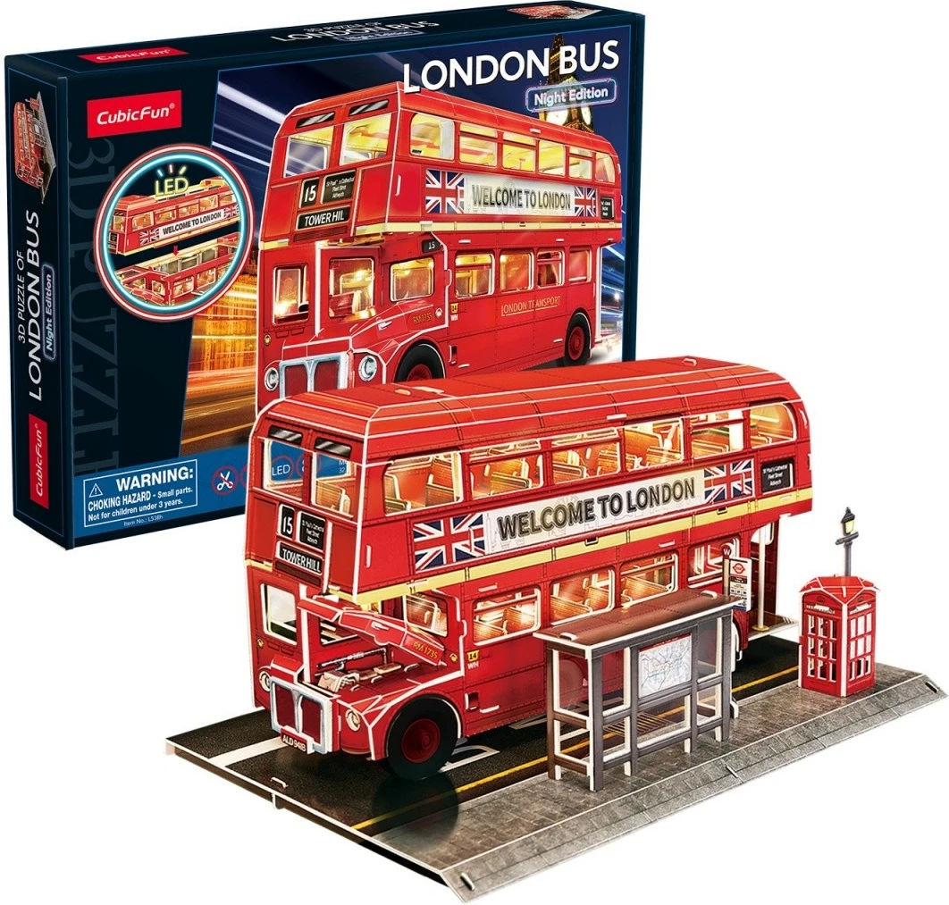 Puzzle 3D Cubic Fun London Bus me ndriçim LED, 161 pjesë, e kuqe