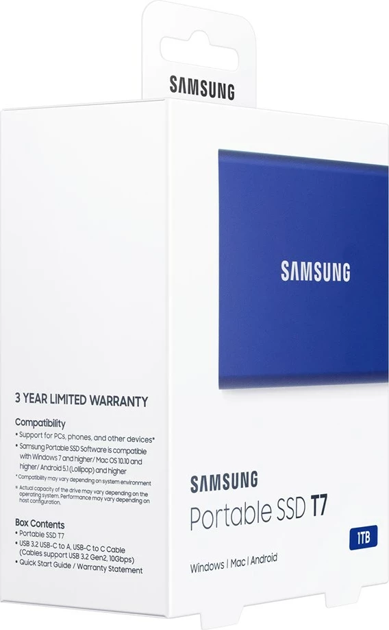 SSD i jashtëm Samsung T7, 1 TB, USB Type-C, Kaltër